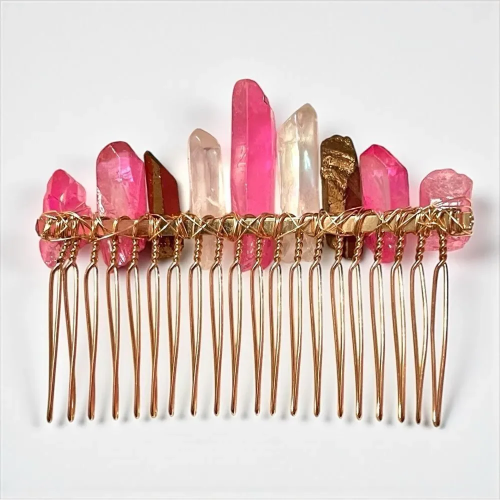 Handmade Genuine Pink White And Bronze Crystal Hair Comb